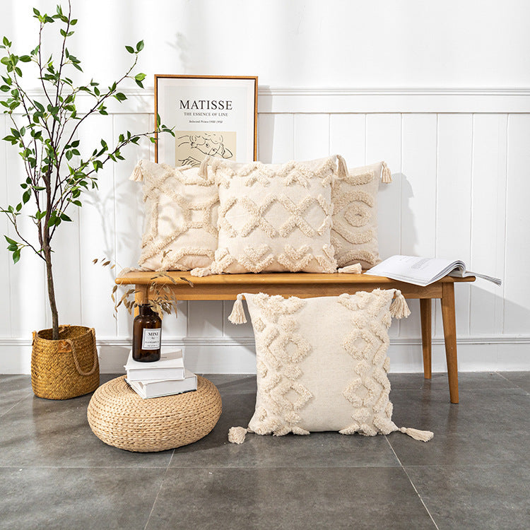 Housse de Coussin à Glands Bohème Tendance | Style Minimaliste Moderne avec Motifs Géométriques